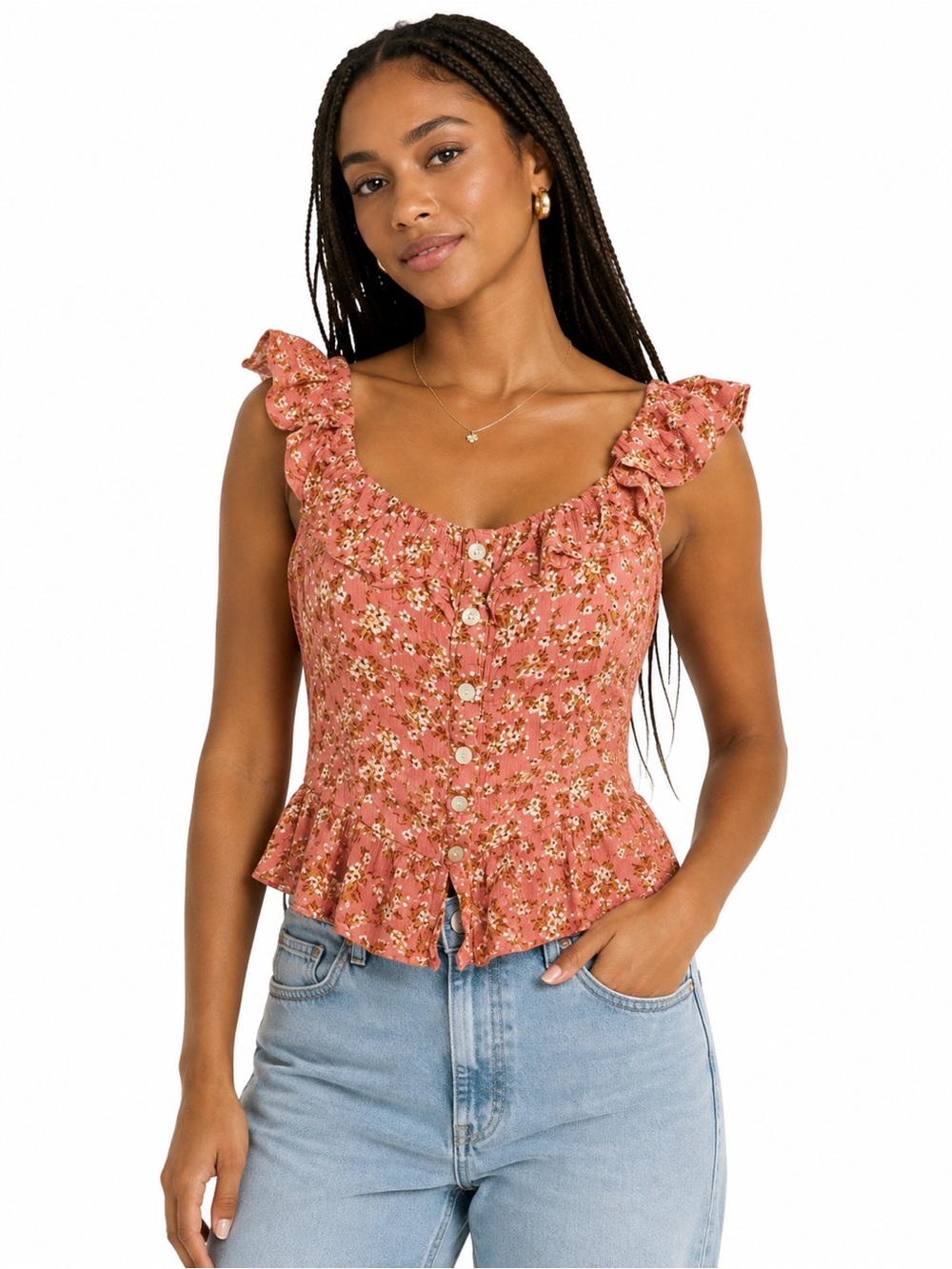 American Eagle Floral Ruffle Strap Peplum Top Coral Pink Size Large